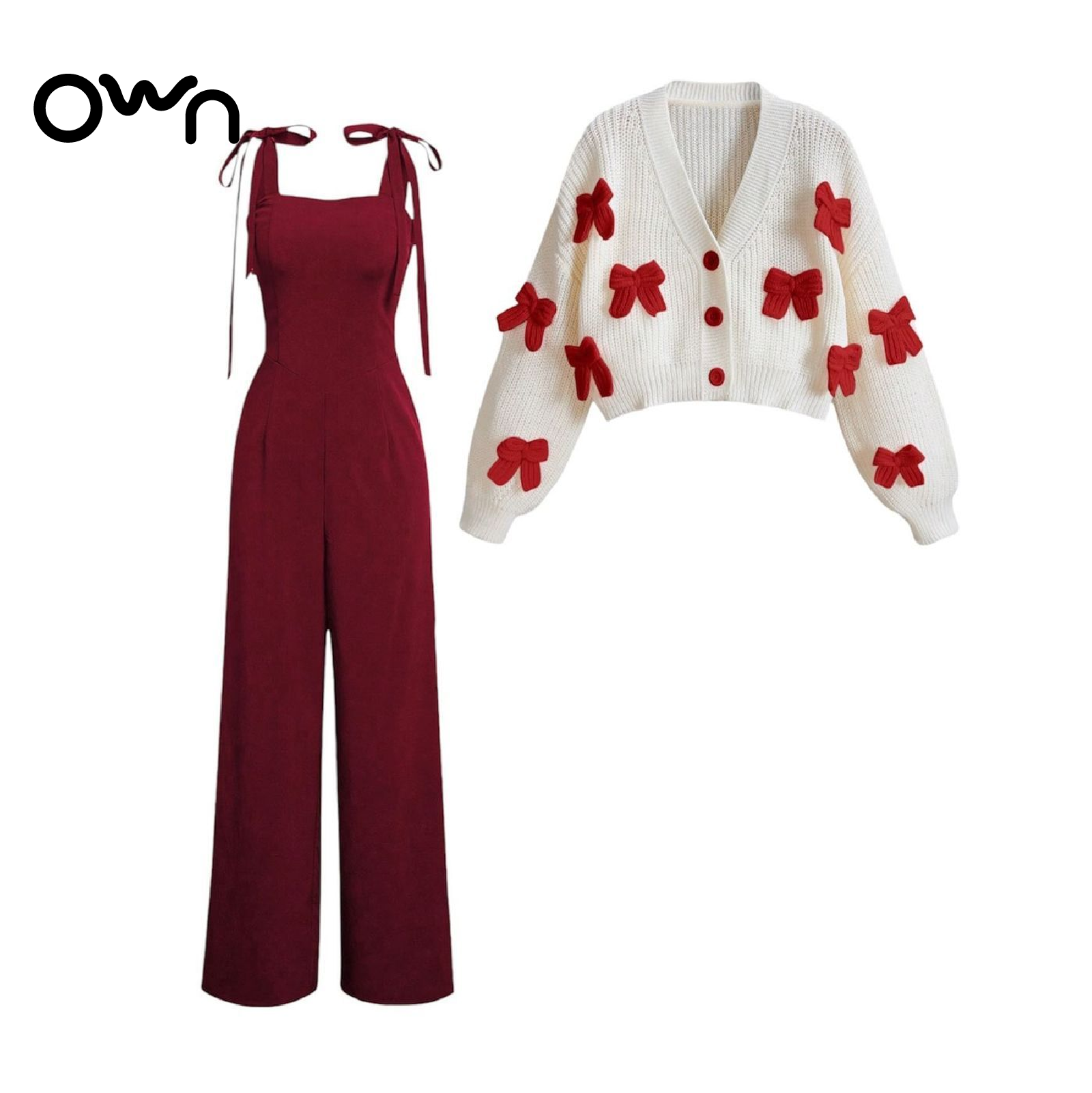 เซ็ตจั๊มสูทสายผูก พร้อมเสื้อไหมพรม - Image 2