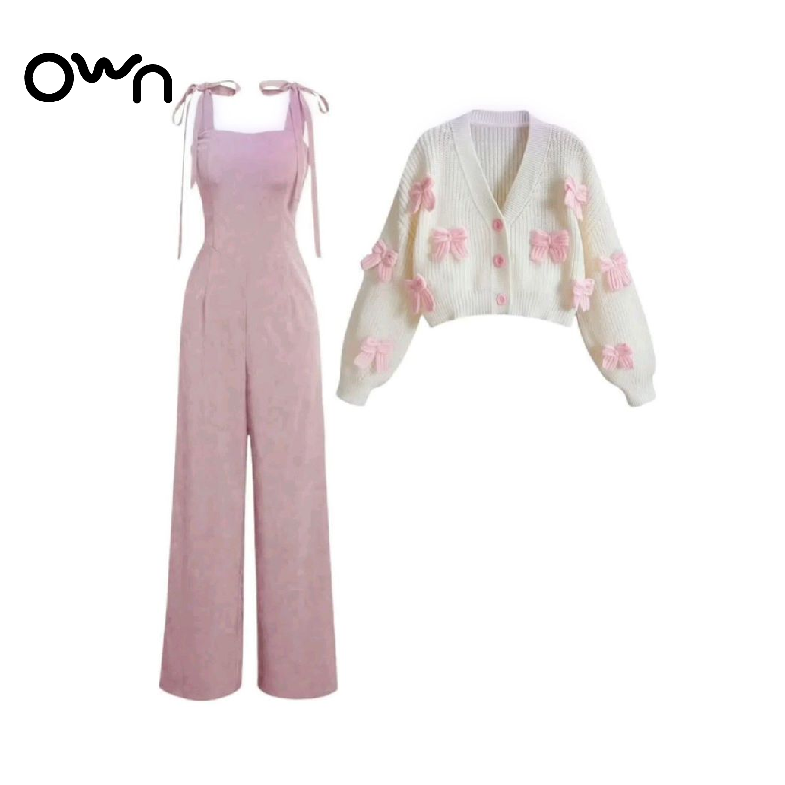 เซ็ตจั๊มสูทสายผูก พร้อมเสื้อไหมพรม - Image 3