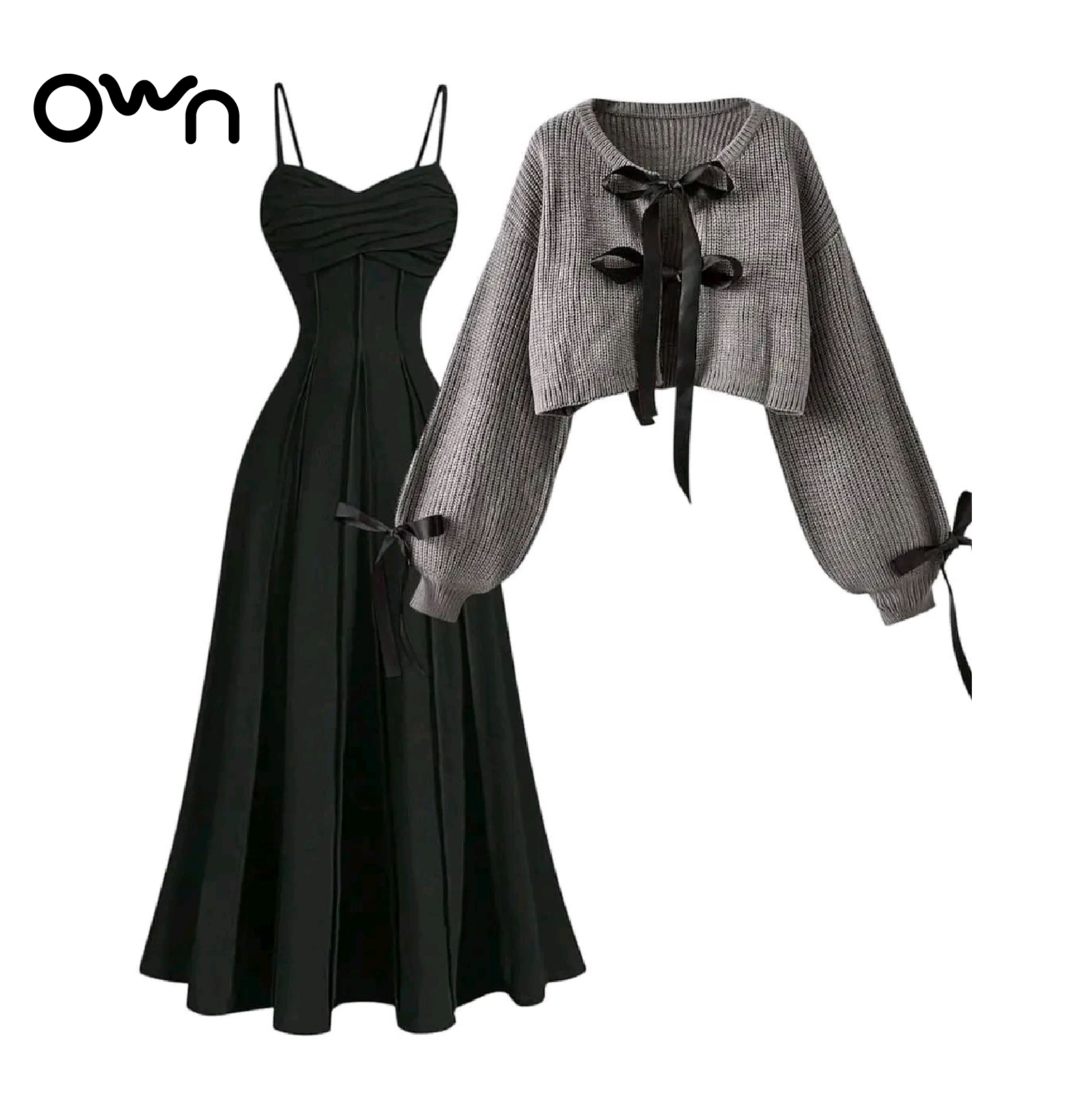 เซ็ตเดรสดำยาวสายเดี่ยว พร้อมเสื้อไหมพรมผูกหน้า - Image 2