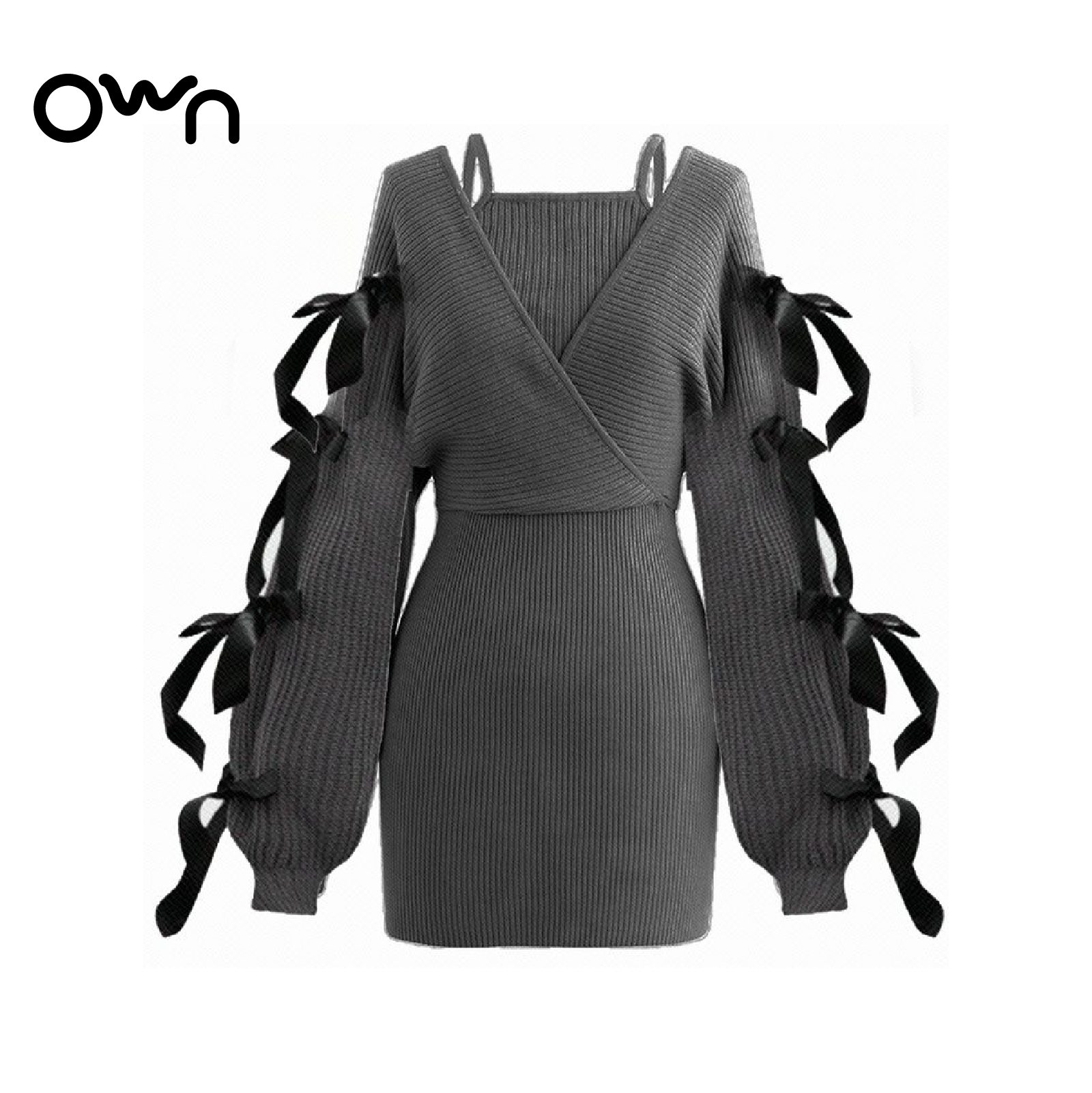 เดรสเปิดไหล่ไหมพรม แขนยาวแต่งริบบิ้น - Image 2