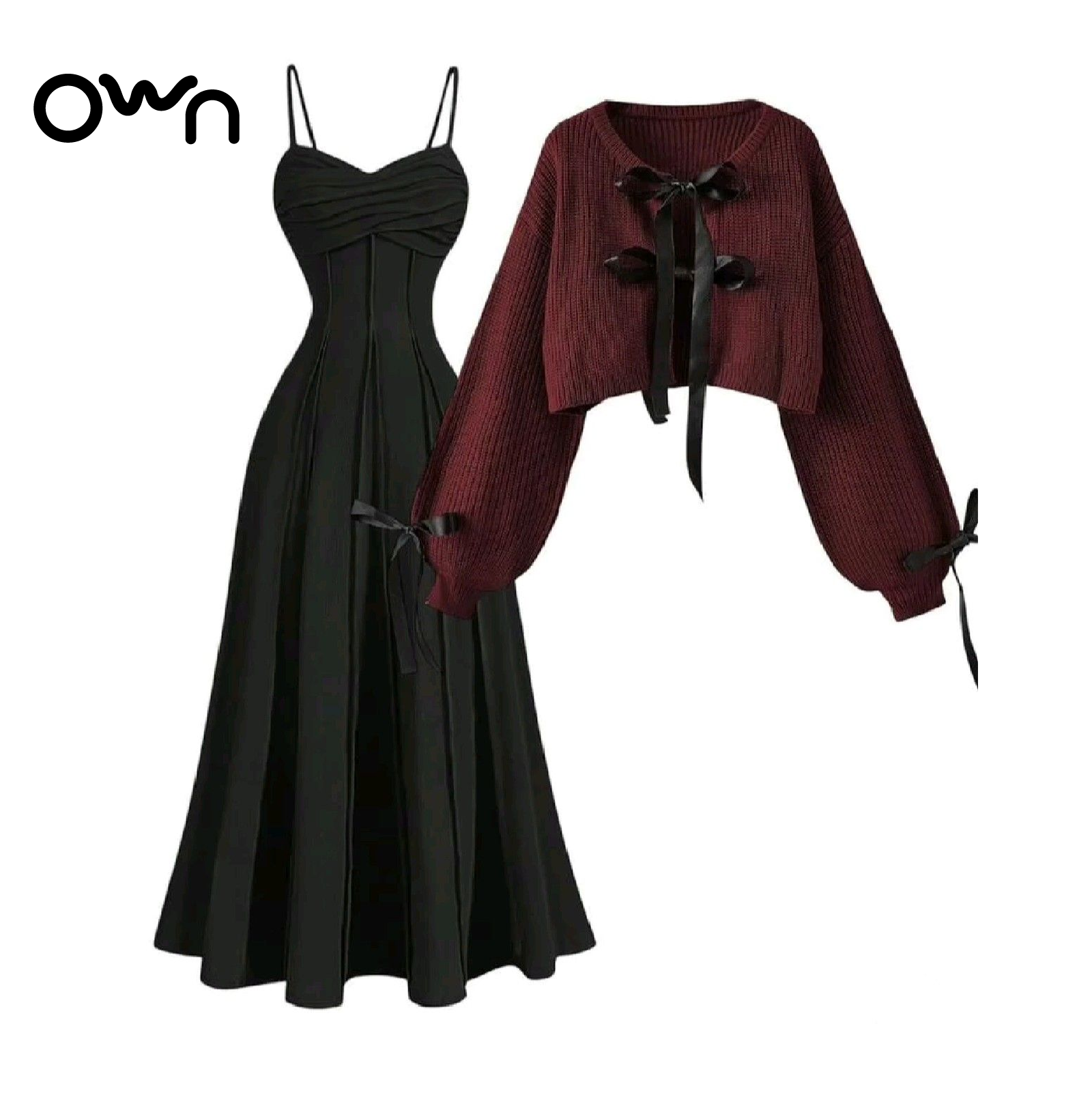 เซ็ตเดรสดำยาวสายเดี่ยว พร้อมเสื้อไหมพรมผูกหน้า - Image 3