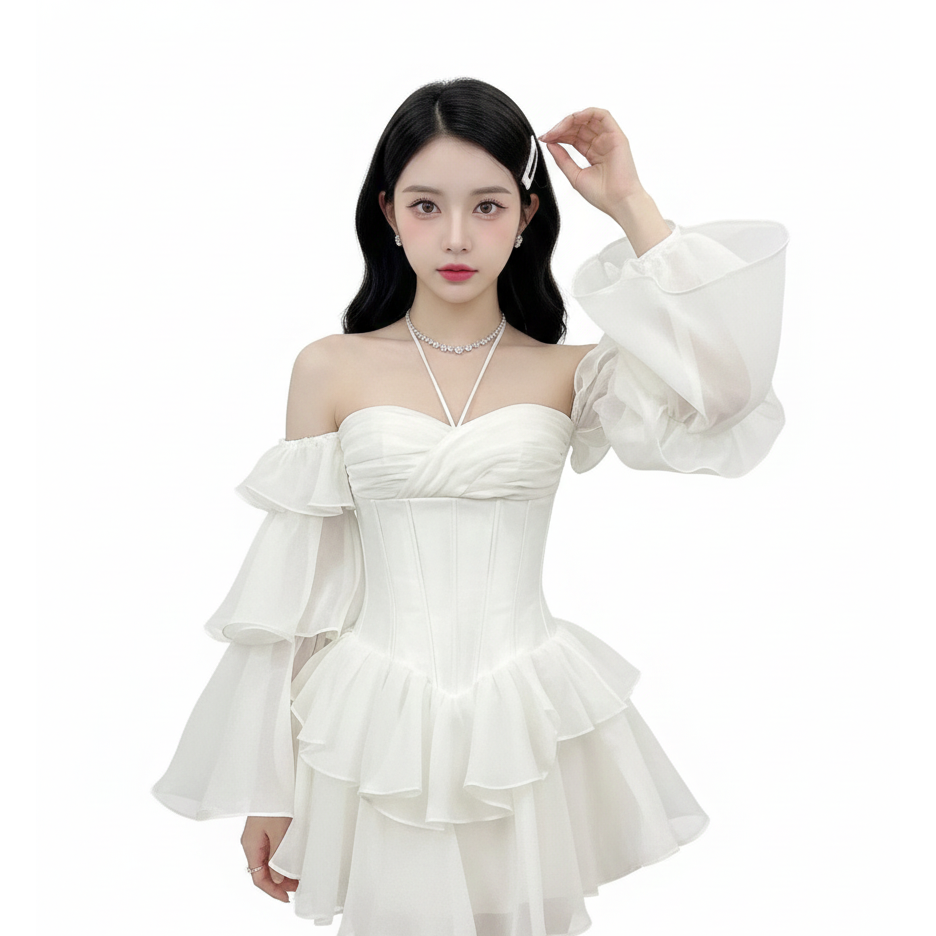 เดรสชีฟอง เปิดไหล่ ผูกคอ