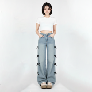 กางเกงยีนส์เดนิมขากว้าง ปักลายโบว์แถบข้าง