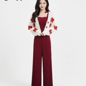 เซ็ตจั๊มสูทสายผูก พร้อมเสื้อไหมพรม