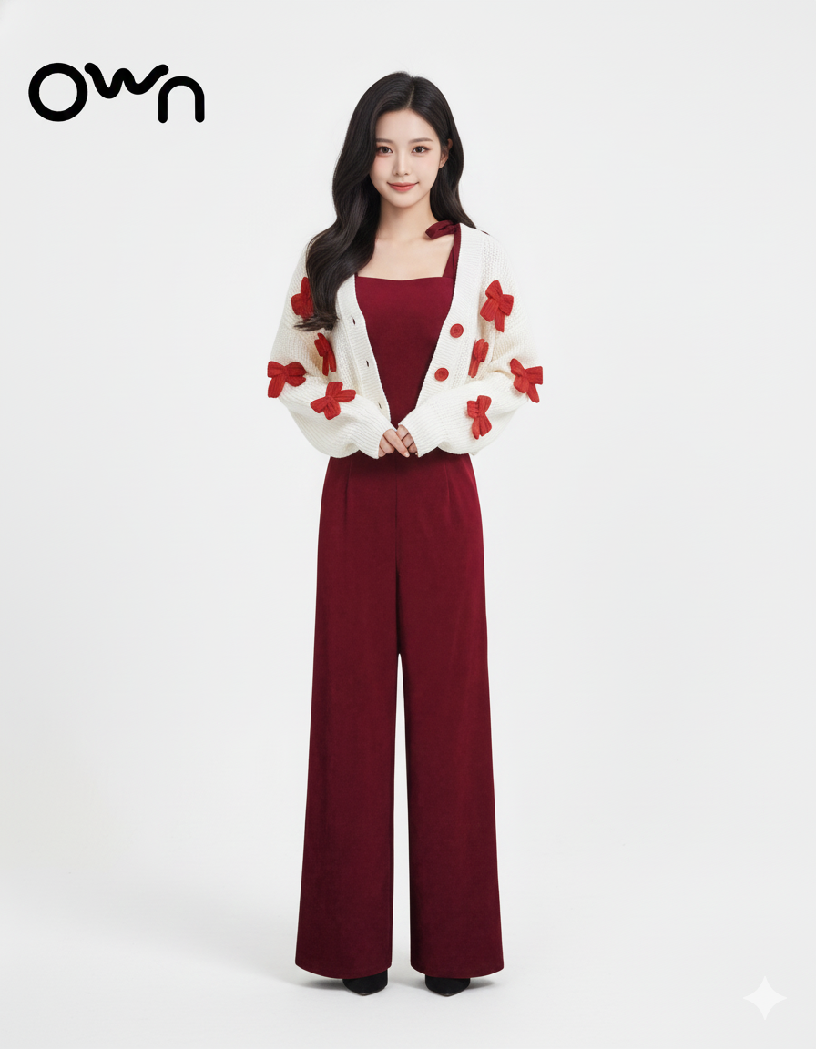 เซ็ตจั๊มสูทสายผูก พร้อมเสื้อไหมพรม