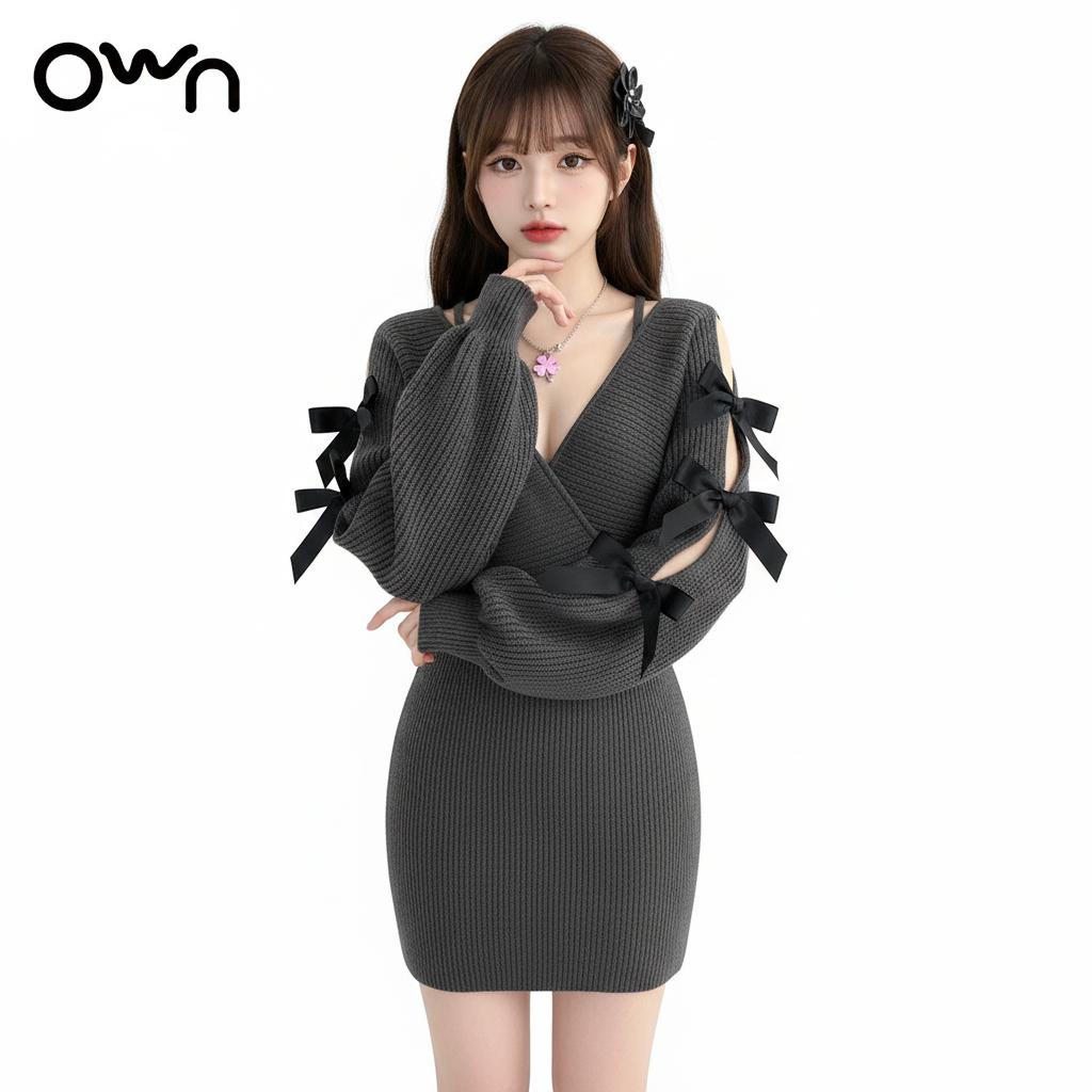 เดรสเปิดไหล่ไหมพรม แขนยาวแต่งริบบิ้น