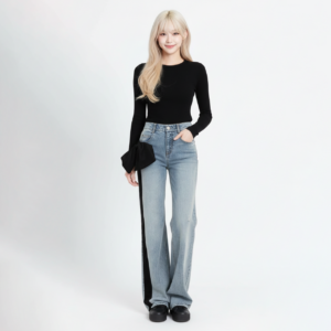 กางเกงยีนส์เดนิม ขากระบอกใหญ่แต่งแถบสี